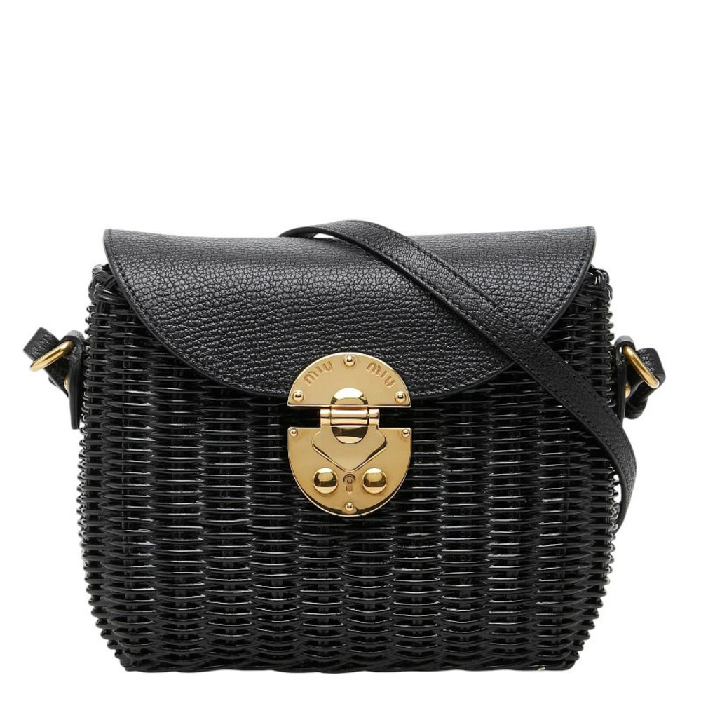 Miu Miu Midollino Wicker Shoulder Bag black woven body leather flap